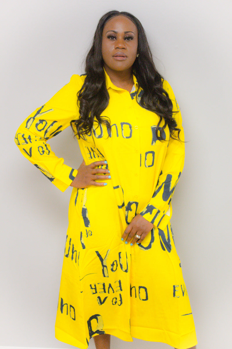 Yellow Lettering Print Shirt Dress