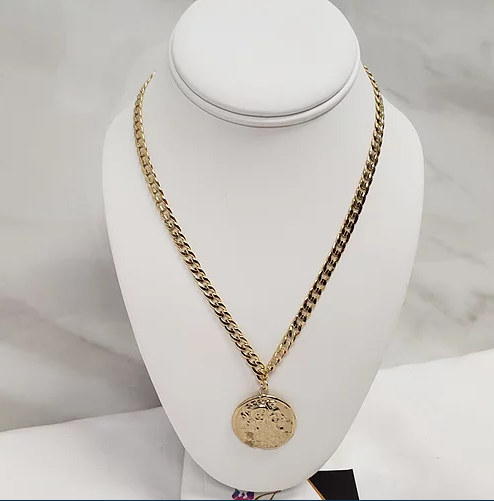 24kt Gold plate Textured Snake Chain With Extra Large Greek Two Sided Coin