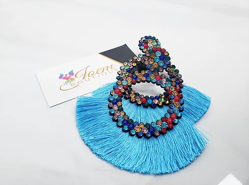 Retro Boho Tassel Earrings- Light Blue with Colorful Crystal