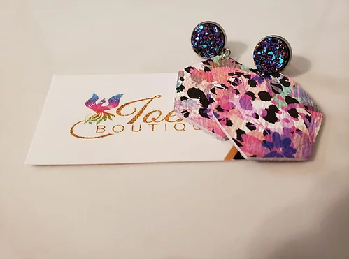Druzy Stud, Flower & Leopard/Dalmatian Leather Earrings