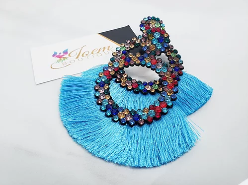 Retro Boho Tassel Earrings- Light Blue with Colorful Crystal