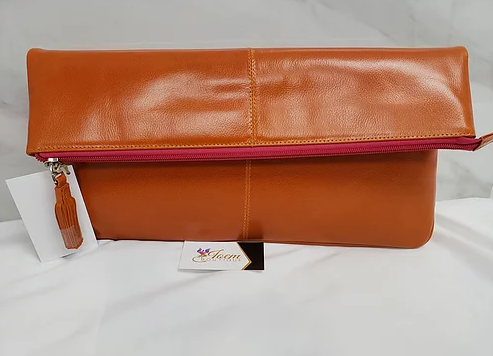 Genuine Leather Clutch W/ Zipper Accent - Tangerine Fuchsia Zipper